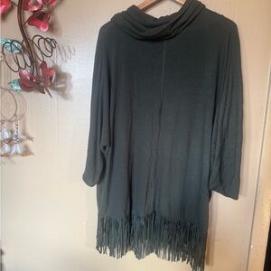 Fringed Dark Green  Poncho Sweater
